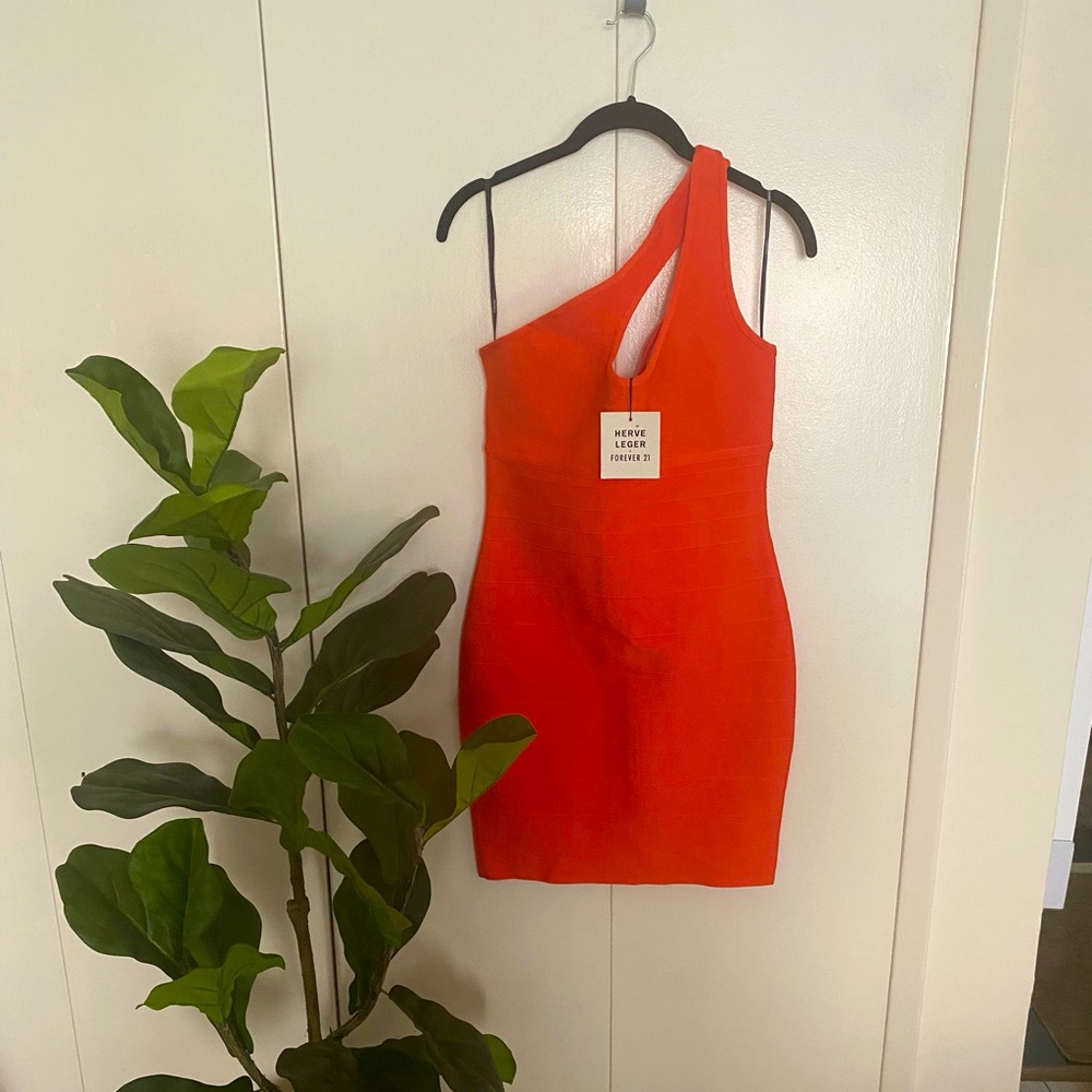 Herve Leger x Forever 21 Asymmetrical, Orange BodyCon Dress Size Medium